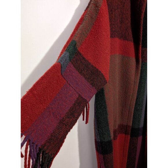 VTG Robben Alexander NY Red Purple Black Wool Plaid Long Fringe Duster Coat Med - Picture 6 of 14